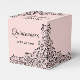 Elegant Black Swirls on Blush Pink Quinceañera Favor Box