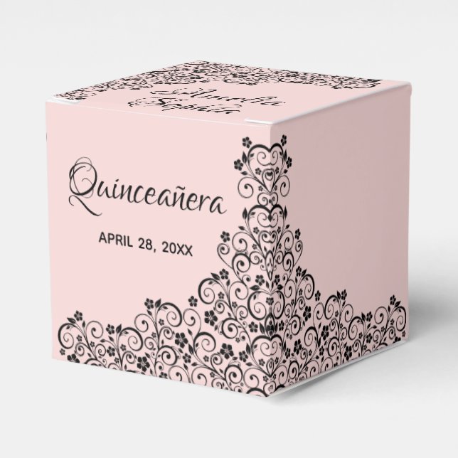 Elegant Black Swirls on Blush Pink Quinceañera Favor Box (Front Side)