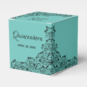 Elegant Black Swirls Turquoise Quinceañera Favor Box