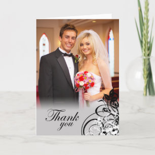 Elegant black swirls wedding thank you photo card