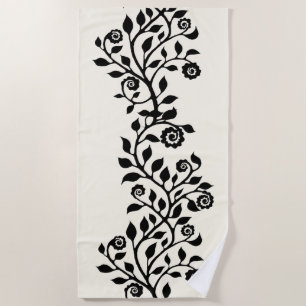 Elegant Black Swirly Ornament Vintage Floral Boho  Beach Towel