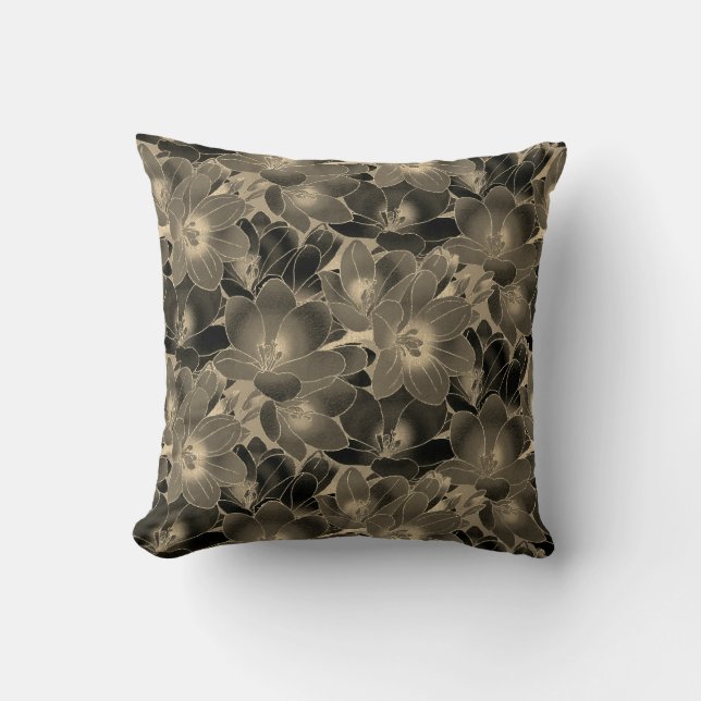 Elegant Black & Tan Floral Pattern Throw Pillow (Front)