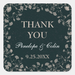 Elegant Black Tan Vintage Floral Wedding Thank You Square Sticker