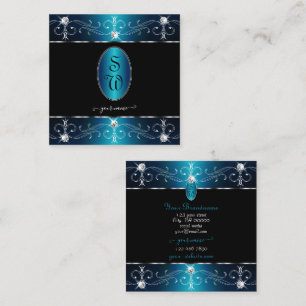 Elegant Black Teal Blue Ornate Ornaments Initials Square Business Card