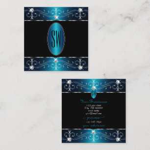 Elegant Black Teal Blue Ornate Ornaments Monogram Square Business Card