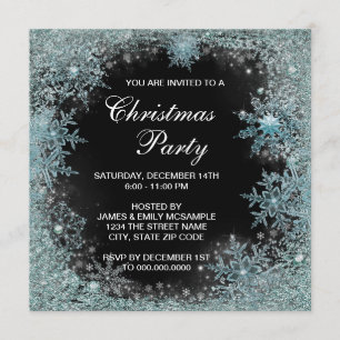 Elegant Black Teal Blue Snowflake Christmas Party Invitation