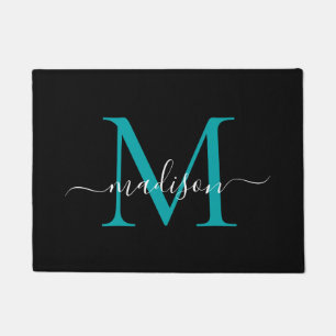 Elegant Black Teal Custom Monogram Script Name Doormat