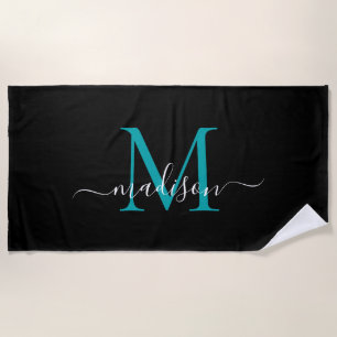 Elegant Black Teal Monogram Feminine Girly Script Beach Towel