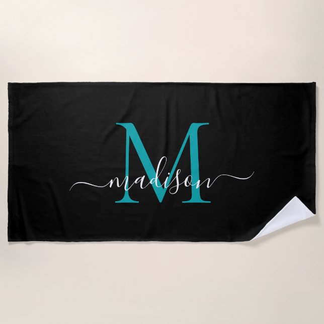 Elegant Black Teal Monogram Feminine Girly Script Beach Towel (Front)