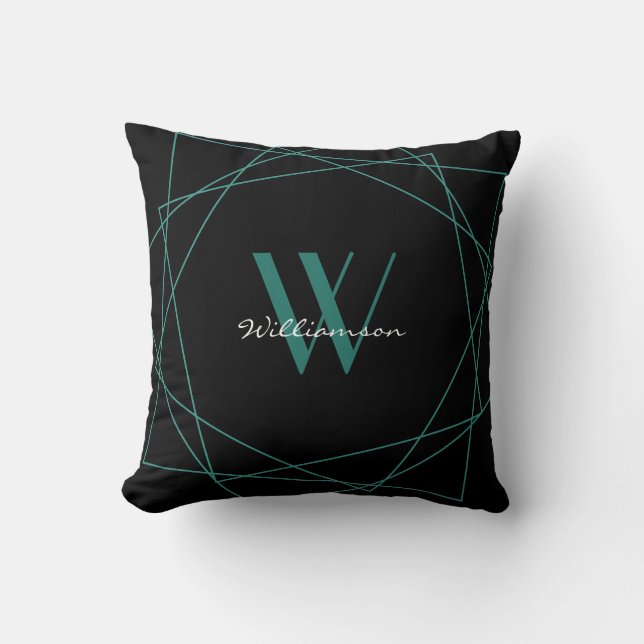 Elegant Black Teal Monogram Geometric Name Script Throw Pillow (Front)