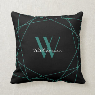 Elegant Black Teal Monogram Geometric Name Script Throw Pillow