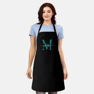 Elegant Black Teal Monogram Girly Feminine Script Apron