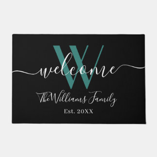 Elegant Black Teal Monogram Name Script Wedding Doormat