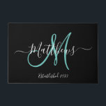 Elegant Black Teal Monogram Script Family Name Doormat<br><div class="desc">Personalized black and white and teal monogram design with bride and groom last name and wedding date on a black background. Makes a unique and great gift for newlyweds starting a new family. Great for new house together. Customize with your name, monogram initial and wedding date and colours. Elke Clarke©...</div>