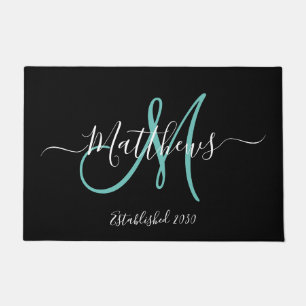 Elegant Black Teal Monogram Script Family Name Doormat