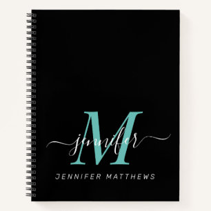 Elegant Black Teal Personalized Monogram Name Notebook