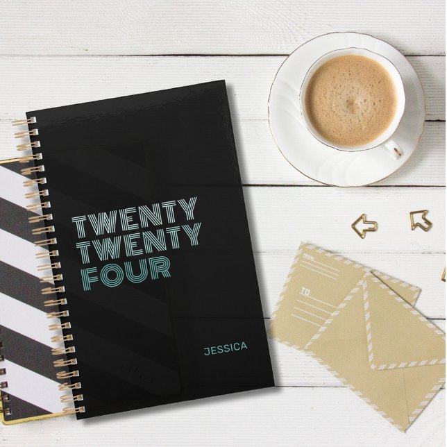 Elegant Black Teal Retro Name Customize 2024  Planner (black with teal lettering twenty twenty four planner)