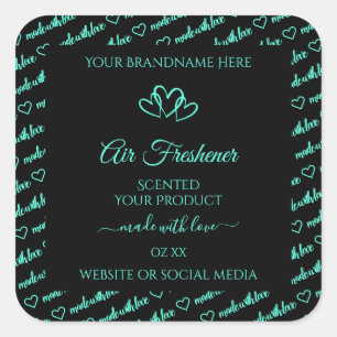 Elegant Black Teal Word Cloud Product Label Hearts