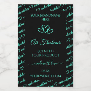 Elegant Black Teal Word Cloud Product Label Hearts