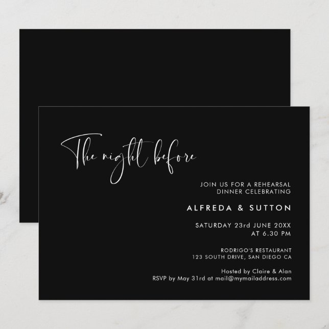 Elegant Black The night before rehearsal dinner Invitation (Front/Back)
