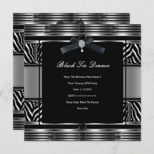 Elegant Black Tie Dinner Zebra Silver black Invitation