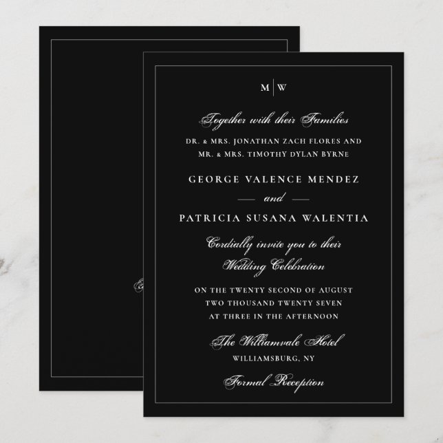 Elegant Black Tie Monogram QR Code Wedding Invitation (Front/Back)