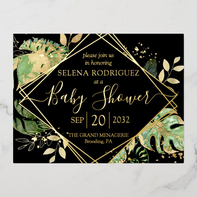 Elegant Black Tropical Gender Neutral Baby Shower  Foil Invitation Postcard (Front)