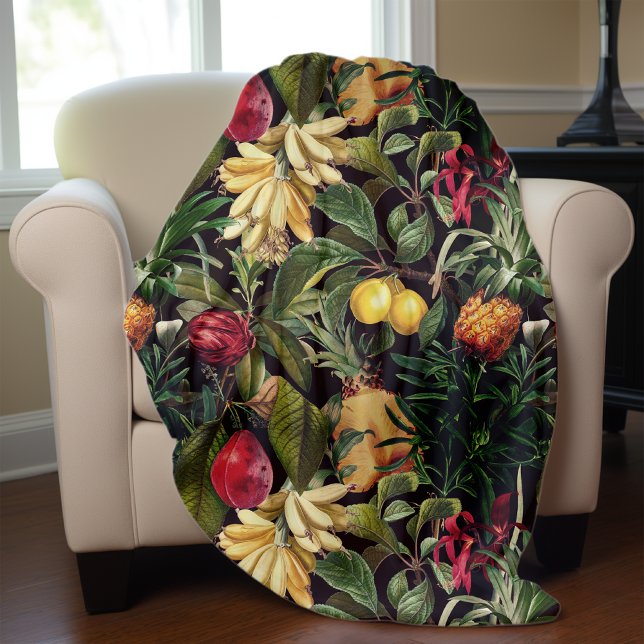 Elegant black tropical leaves fruits pattern fleece blanket (Creator Uploaded)