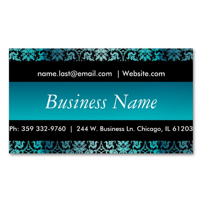 Elegant Black & Turquoise Damask Design Magnetic Business Card (Front)
