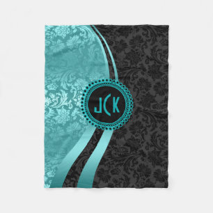 Elegant Black & Turquoise Floral Damasks Monogram Fleece Blanket