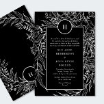 Elegant Black Tuxedo Bright White Monogram Wreath Invitation<br><div class="desc">Elegant Black Tuxedo Bright White Monogram Wreath Wedding Invite</div>