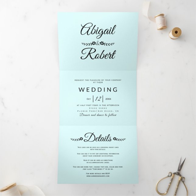 Elegant black typography light blue photo wedding Tri-Fold invitation (Inside)