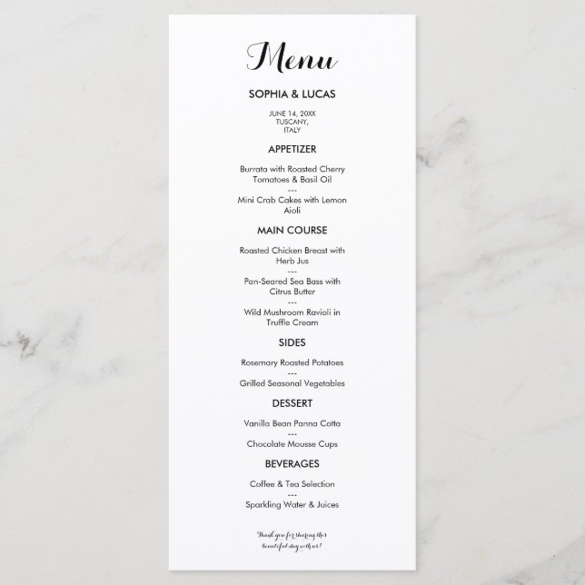 Elegant Black Typography White Wedding Menu Card (Front)
