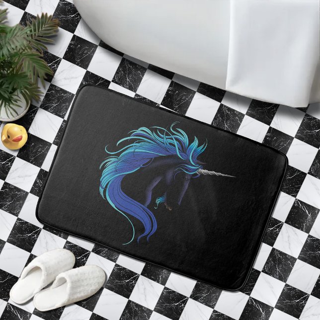 Elegant Black Unicorn Blue Silver Magical Fantasy Bath Mat (Creator Uploaded)