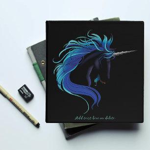 Elegant Black Unicorn Blue Silver Magical Fantasy Binder