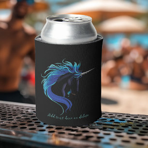 Elegant Black Unicorn Blue Silver Magical Fantasy Can Cooler