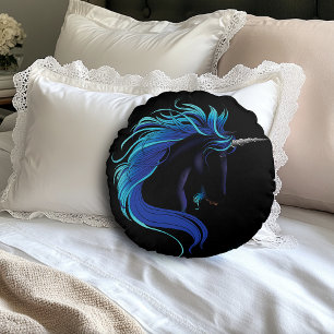 Elegant Black Unicorn Blue Silver Magical Fantasy Round Pillow
