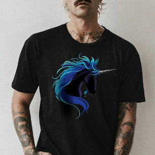 Elegant Black Unicorn Blue Silver Magical Fantasy T-Shirt