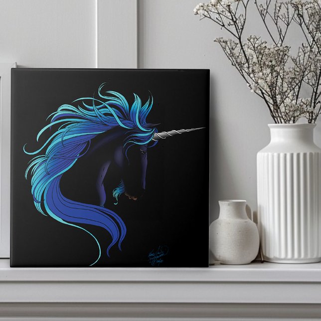 Elegant Black Unicorn Blue Silver Magical Fantasy Tile (Creator Uploaded)