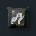 Elegant Black Velvet Gold First Christmas Married Throw Pillow<br><div class="desc">A minimalist textured velvet background (simulated, not real velvet!) with two gold lines for a personalized throw pillow for a newlywed couple, to each other or from anyone, with the message "Our First Christmas". Personalize it with a black and white (preferably) photo and change the year. You could also add...</div>