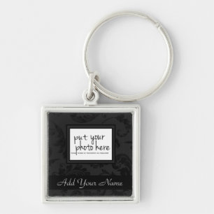 Elegant Black Velvet Style Floral Photo & Text Keychain