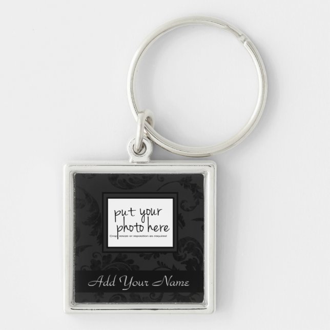 Elegant Black Velvet Style Floral Photo & Text Keychain (Front)