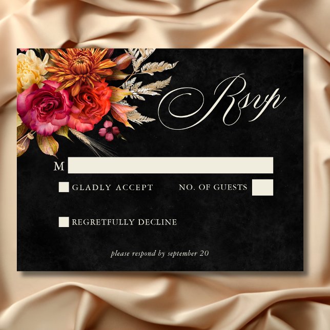 Elegant Black Vibrant Boho Floral Script Wedding RSVP Card (Elegant Black Vibrant Boho Floral Script Wedding RSVP Card)