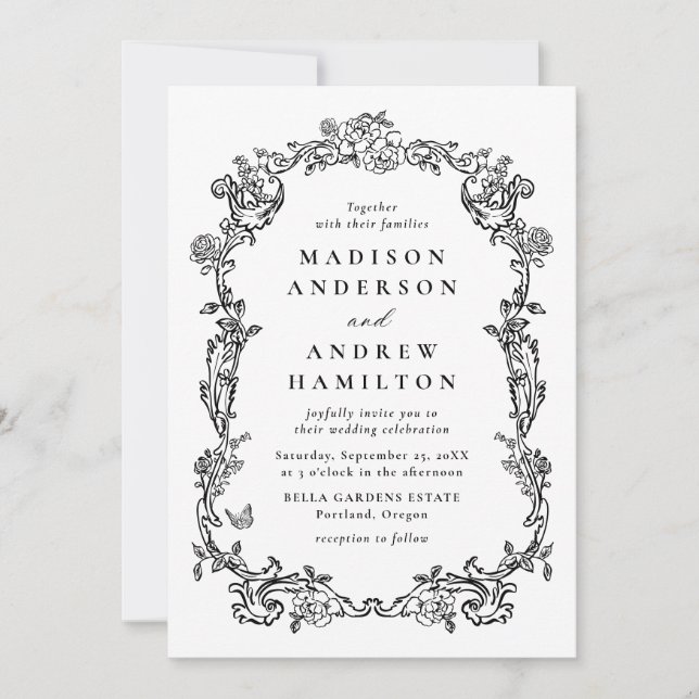 Elegant Black Victorian Floral Frame Wedding Invitation (Front)