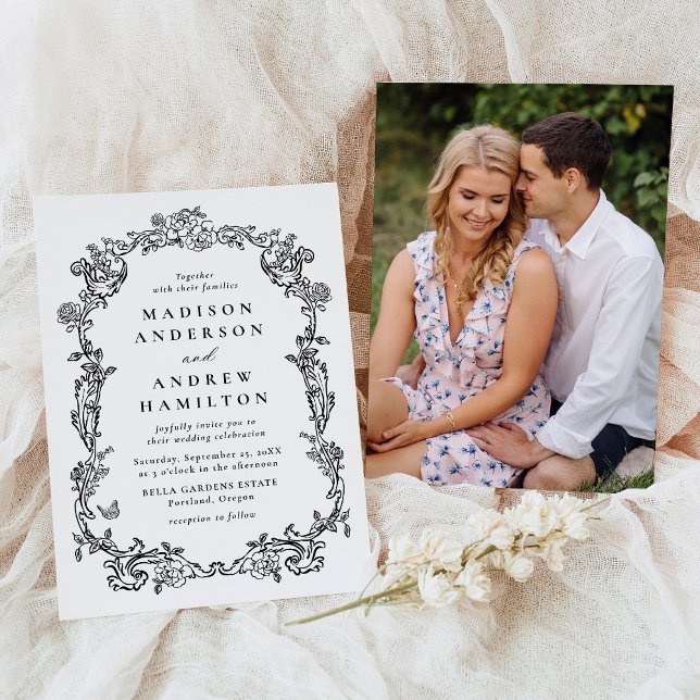 Elegant Black Victorian Floral Photo Wedding Invitation (Creator Uploaded)