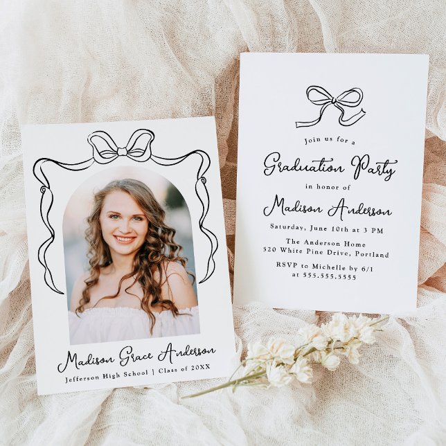 Elegant Black Vintage Bow Photo Graduation Party Invitation (Creator Uploaded)