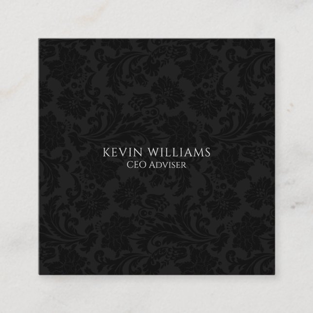 Elegant Black Vintage Damasks Pattern Square Business Card (Front)