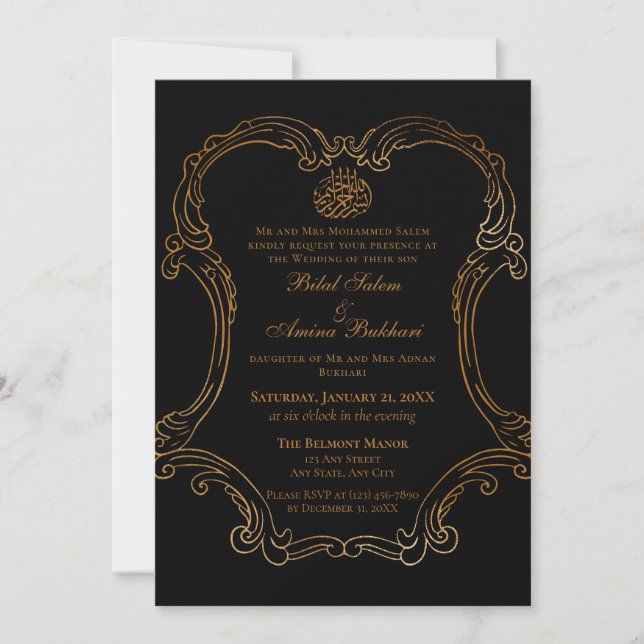Elegant Black Vintage Gold Frame Islamic Wedding Invitation (Front)