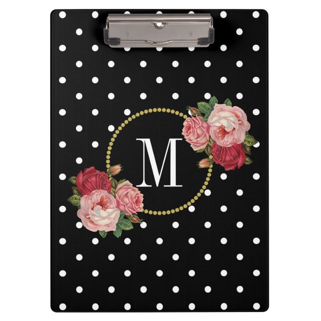 Elegant Black Vintage Pink Flowers Dots Monogram Clipboard (Front)