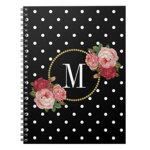 Elegant Black Vintage Roses Flowers Dots Monogram Notebook